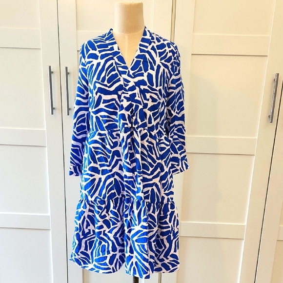 Rachel Zoe Vibrant Blue and White Patterned Midi Babydoll Dress Size Small - Picture 1 of 8